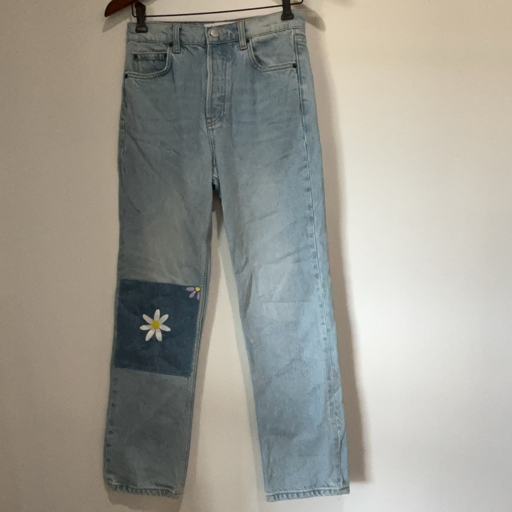 Reformation Cynthia Patch High Rise Straight Jeans Womens 27 Blue Floral Daisy